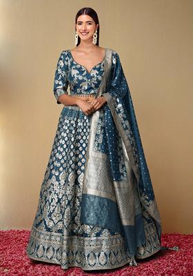 Blue Lehenga Set With Hand Embroidered Blouse And Dupatta