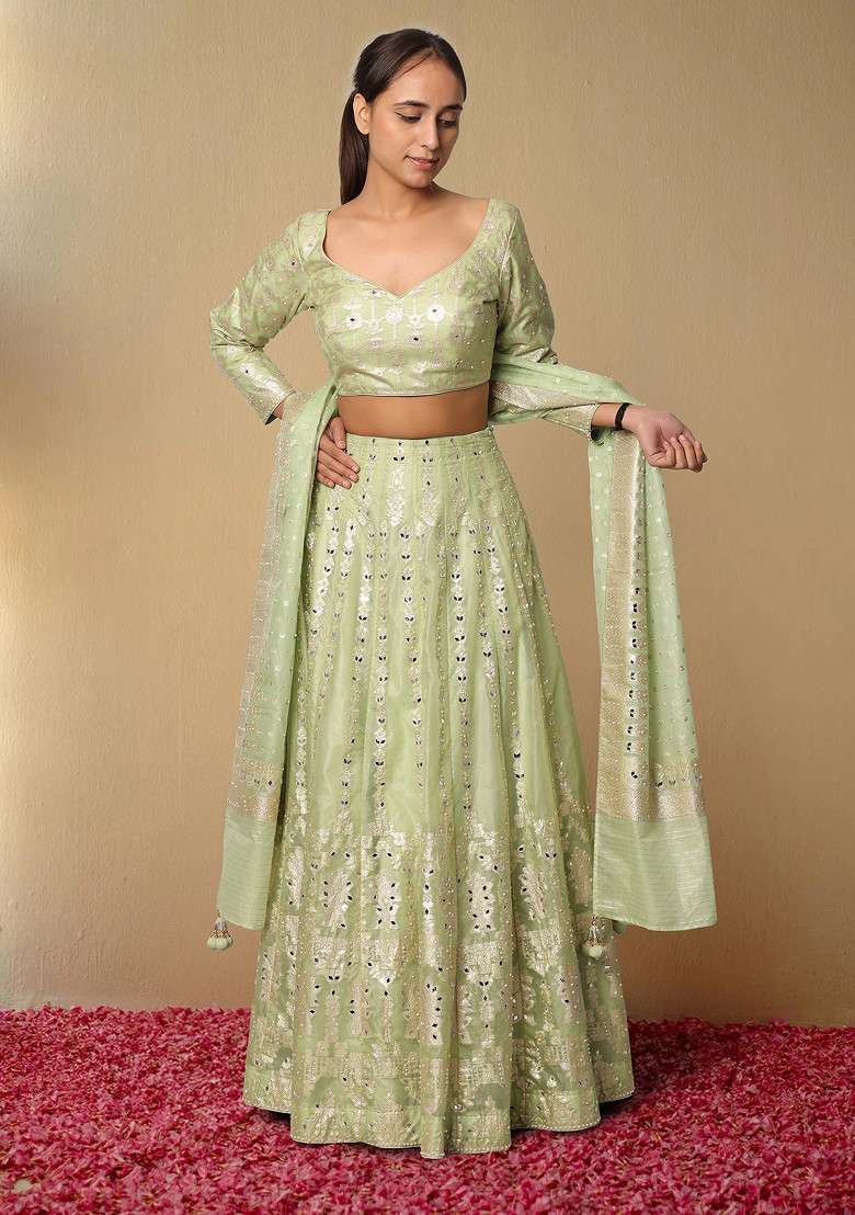 Green Lehenga Set With Hand Embroidered Blouse And Dupatta - Indya