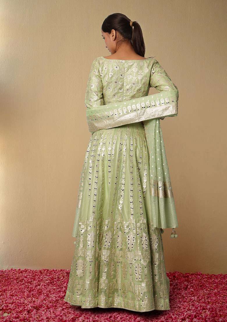 Green Lehenga Set With Hand Embroidered Blouse And Dupatta - Indya