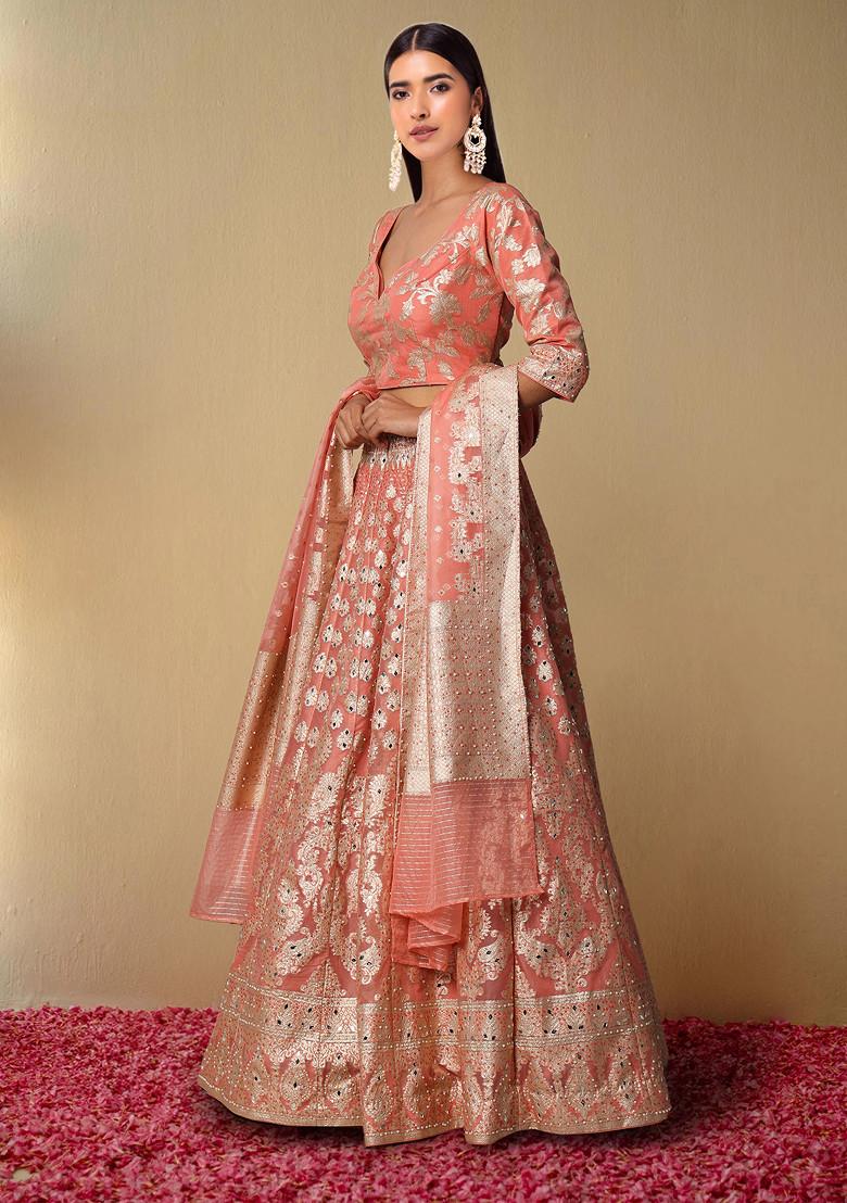 Peach Lehenga Set With Hand Embroidered Blouse And Dupatta