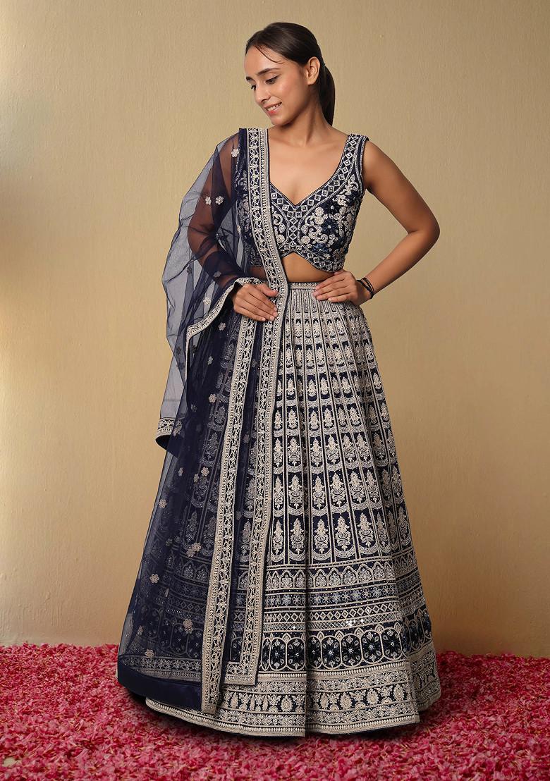 Blue Lehenga Set With Hand Embroidered Blouse And Dupatta