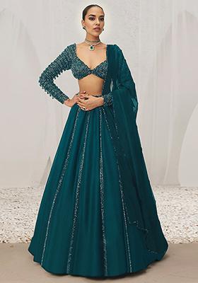 Teal Blue Lehenga Set With Hand Embroidered Blouse And Dupatta
