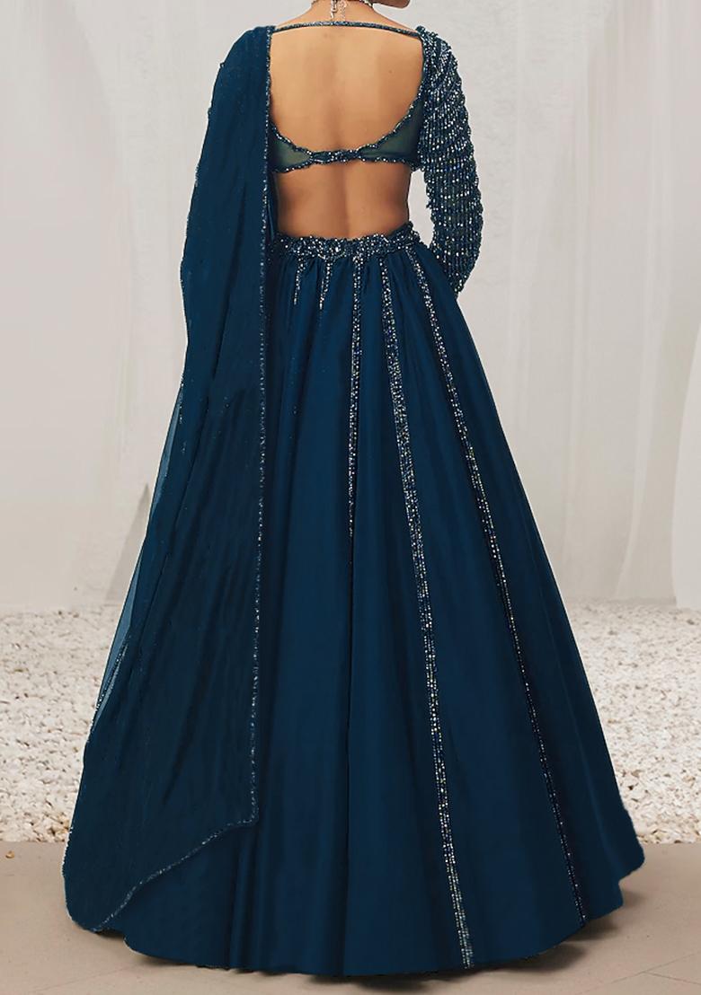 Blue Lehenga Set With Hand Embroidered Blouse And Dupatta