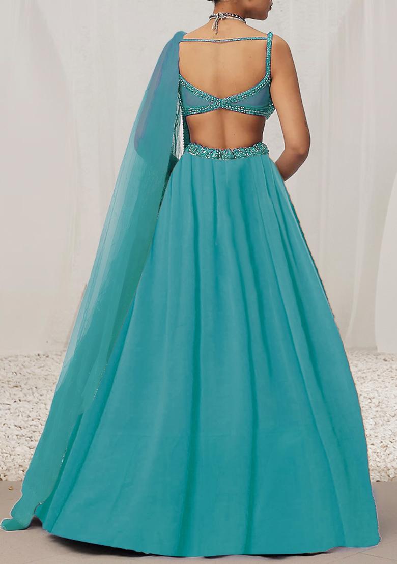 Aqua Green Lehenga Set With Hand Embroidered Blouse And Dupatta