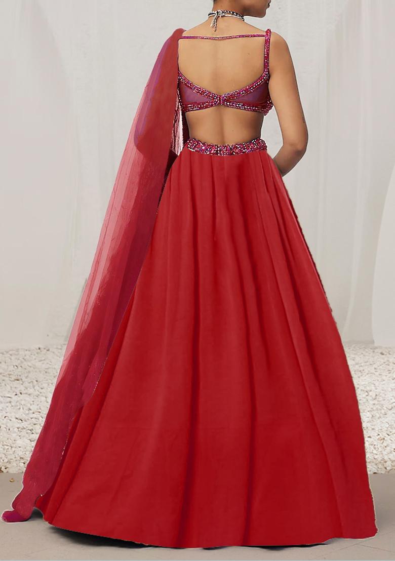 Coral Lehenga Set With Hand Embroidered Blouse And Dupatta