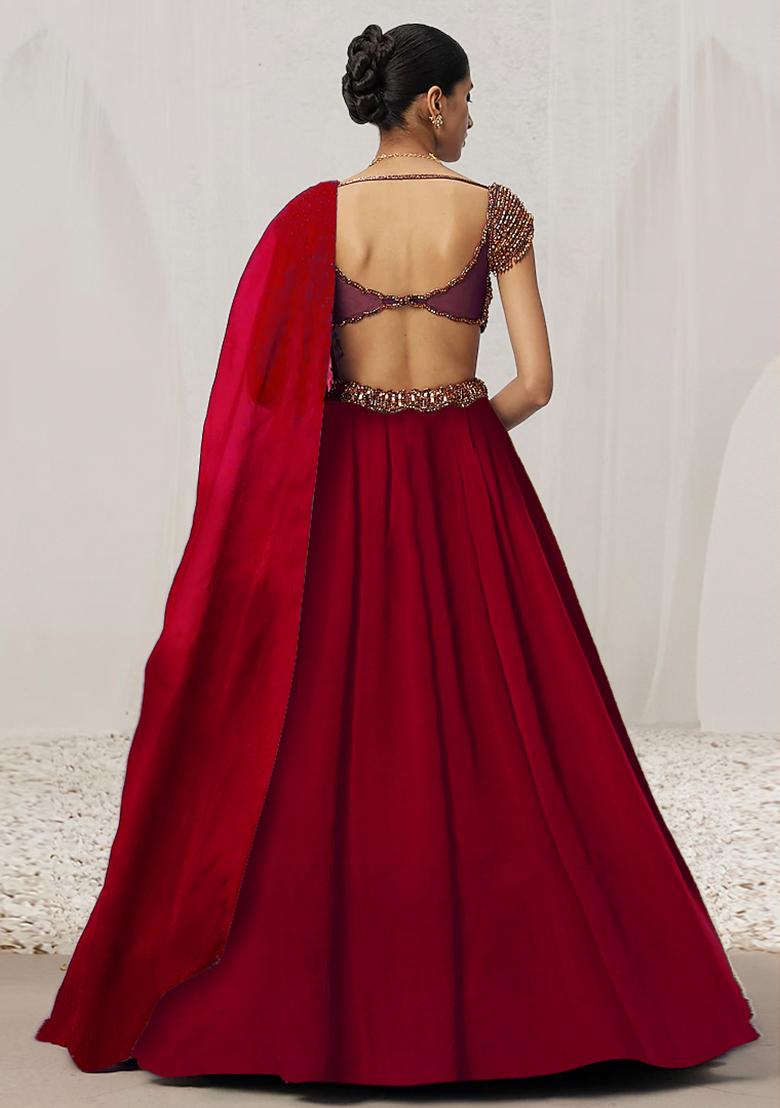 Red Lehenga Set With Hand Embroidered Blouse And Dupatta