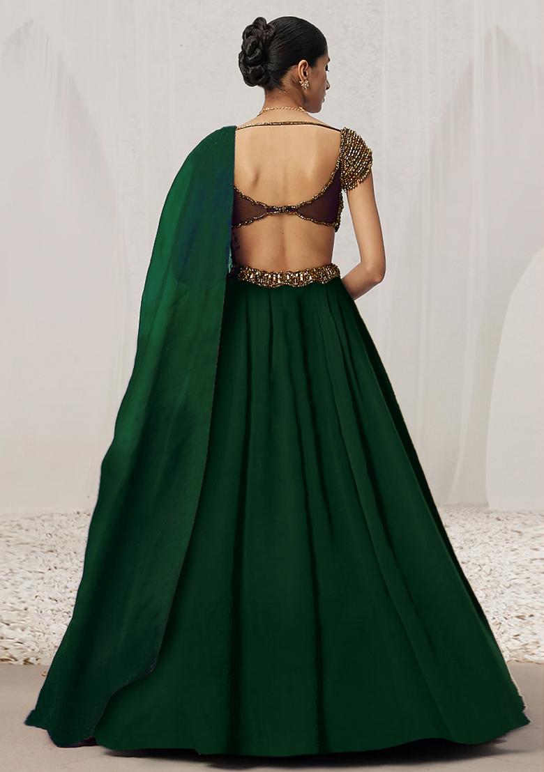 Emerald Green Lehenga Set With Hand Embroidered Blouse And Dupatta