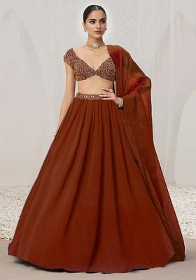 Rusty Brown Lehenga Set With Hand Embroidered Blouse And Dupatta