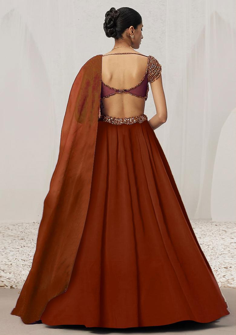 Rusty Brown Lehenga Set With Hand Embroidered Blouse And Dupatta