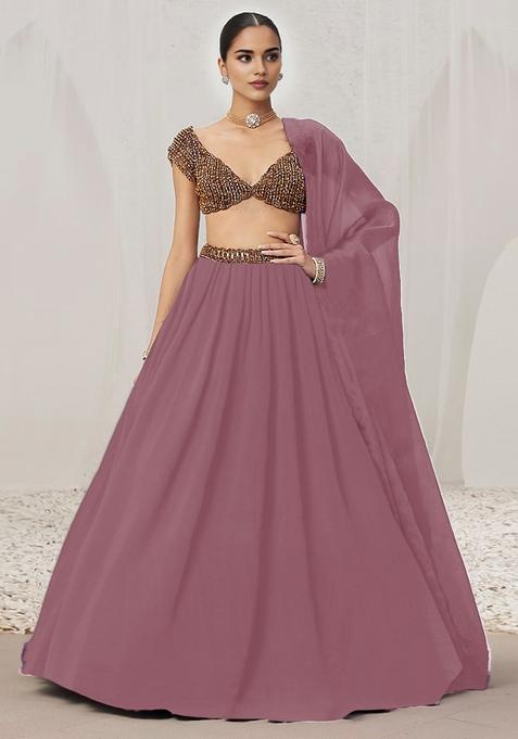 Rusty Pink Lehenga Set With Hand Embroidered Blouse And Dupatta