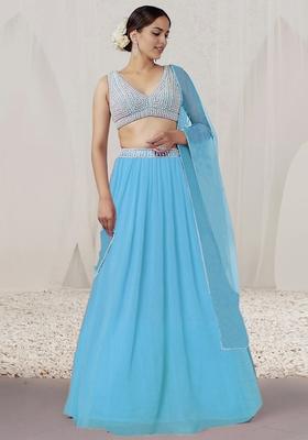 Powder Blue Lehenga Set With Hand Embroidered Blouse And Dupatta