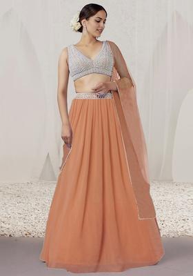 Peach Lehenga Set With Hand Embroidered Blouse And Dupatta