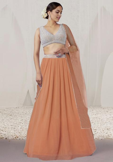 Peach Lehenga Set With Hand Embroidered Blouse And Dupatta