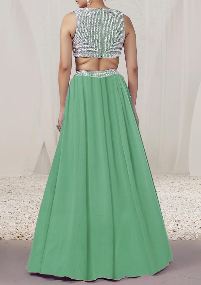 Sage Green Lehenga Set With Hand Embroidered Blouse And Dupatta