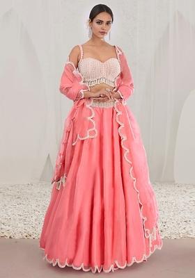 Peach Lehenga Set With Hand Embroidered Blouse And Dupatta