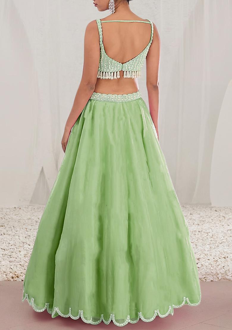 Fern Green Lehenga Set With Hand Embroidered Blouse And Dupatta