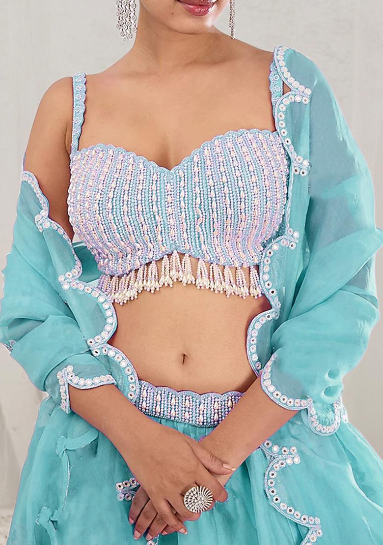 Aqua Blue Lehenga Set With Hand Embroidered Blouse And Dupatta