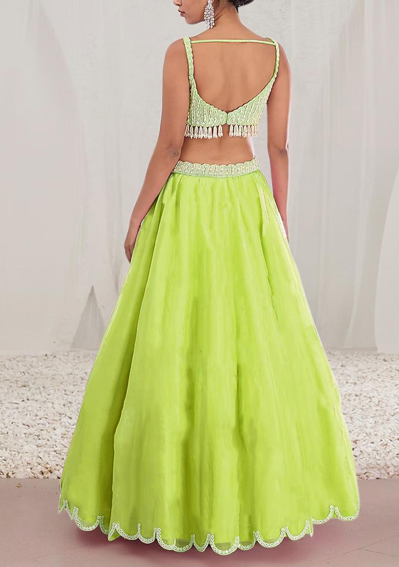 Lime Green Lehenga Set With Hand Embroidered Blouse And Dupatta