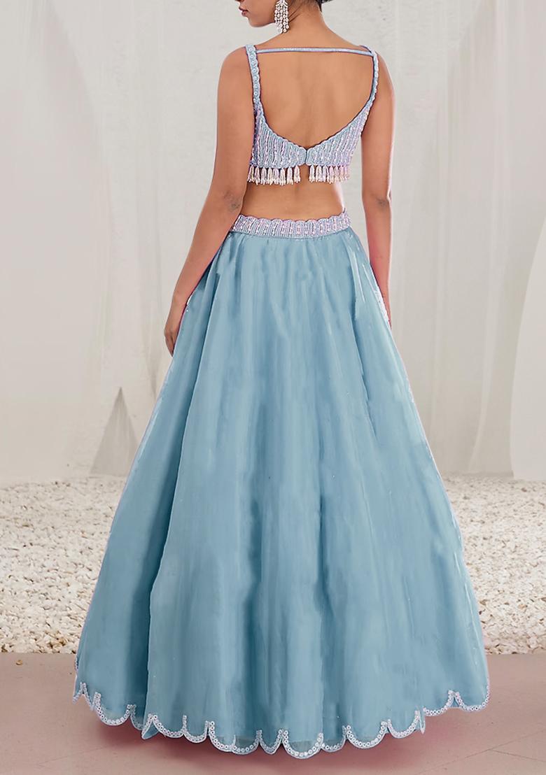 Slate Blue Lehenga Set With Hand Embroidered Blouse And Dupatta