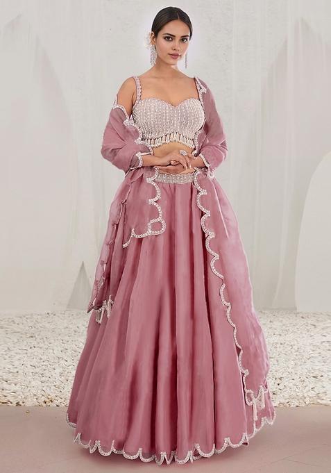 Dusty Pink Lehenga Set With Hand Embroidered Blouse And Dupatta