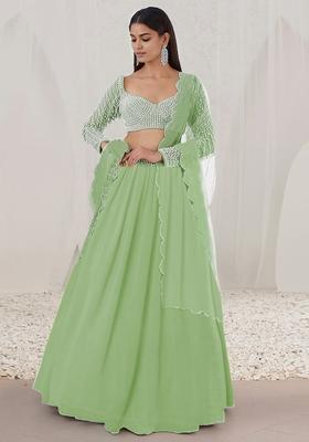 Light Green Lehenga Set With Hand Embroidered Blouse And Dupatta