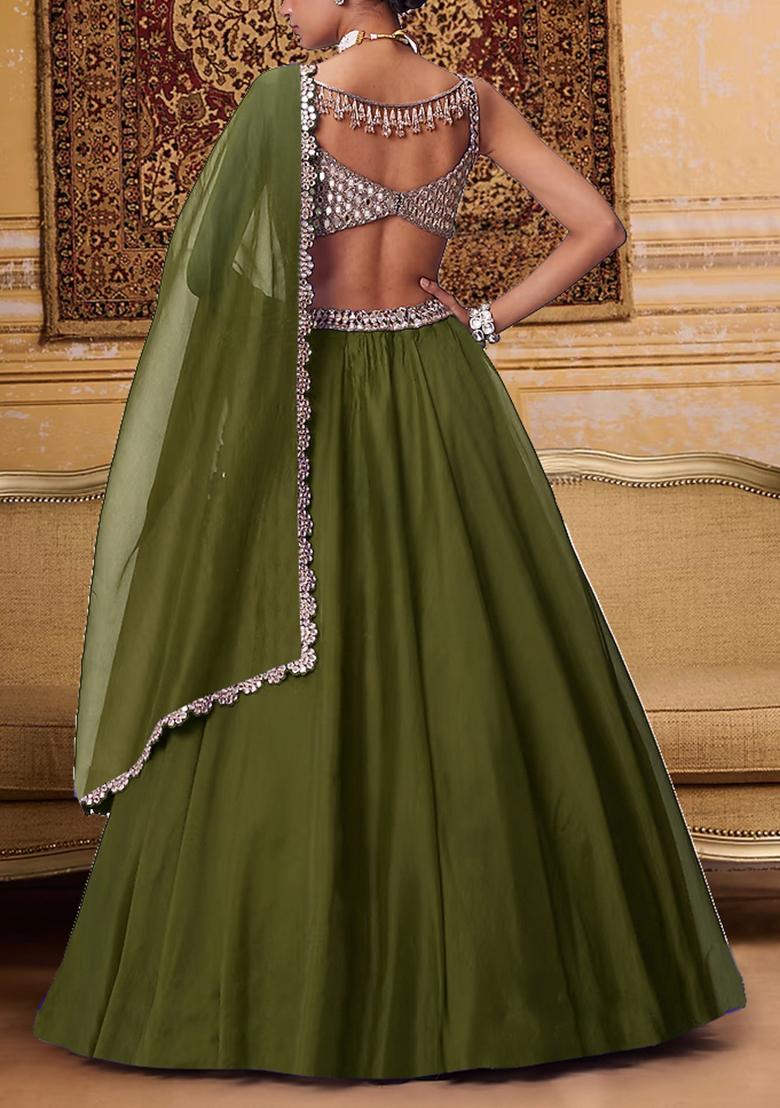 Olive Green Lehenga Set With Hand Embroidered Blouse And Dupatta