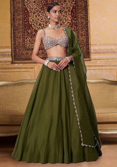 Olive Green Lehenga Set With Hand Embroidered Blouse And Dupatta