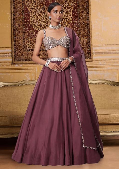 Mauve Lehenga Set With Hand Embroidered Blouse And Dupatta