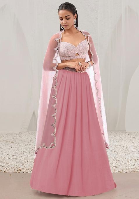 Pink Lehenga Set With Hand Embroidered Blouse And Dupatta