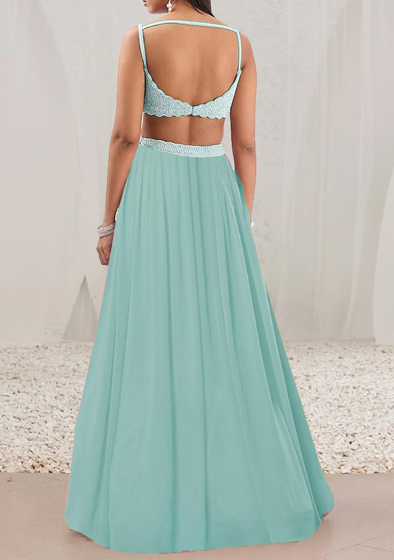 Pastel Green Lehenga Set With Hand Embroidered Blouse And Dupatta