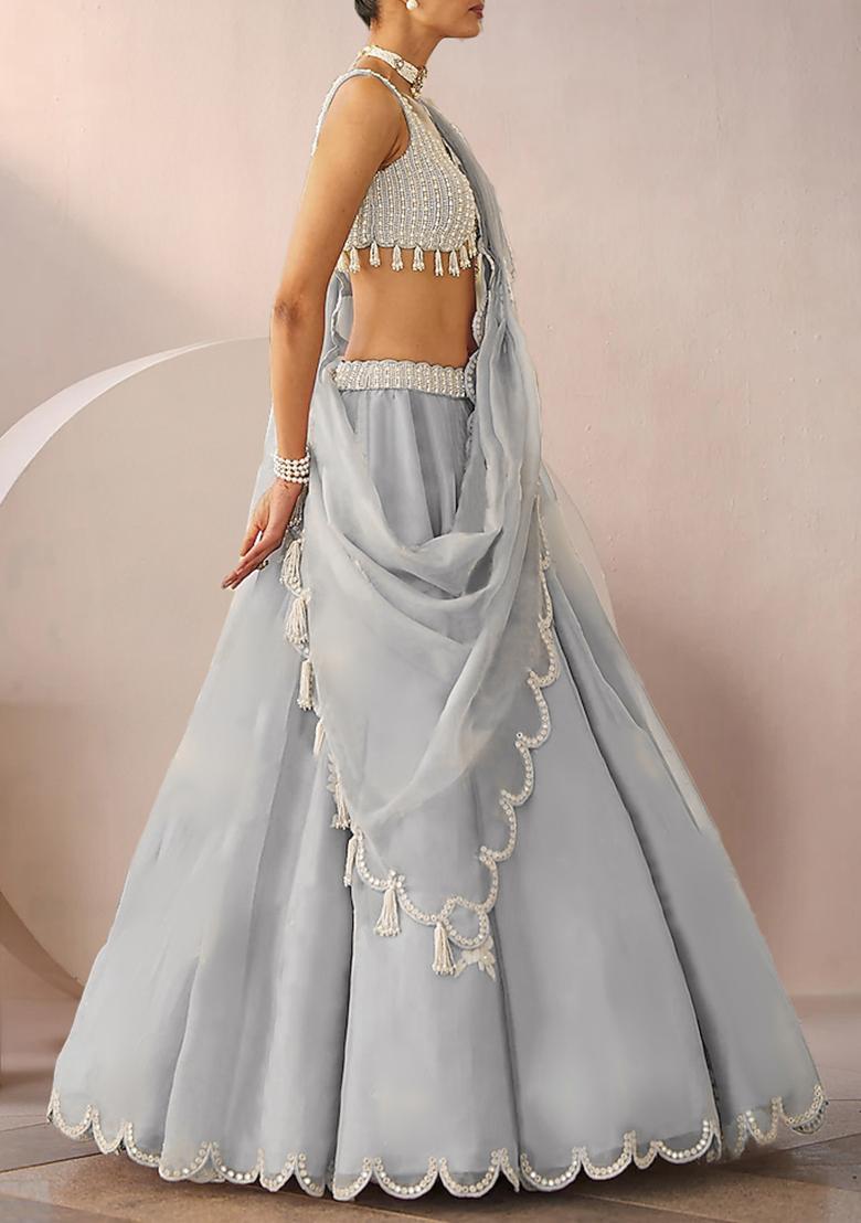 Grey Lehenga Set With Hand Embroidered Blouse And Dupatta