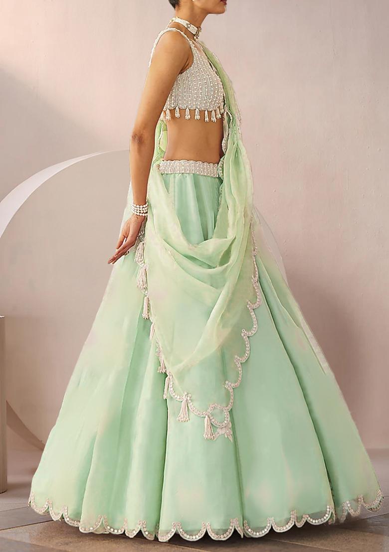 Light Green Lehenga Set With Hand Embroidered Blouse And Dupatta