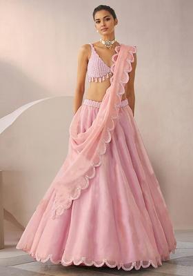 Peach Lehenga Set With Hand Embroidered Blouse And Dupatta