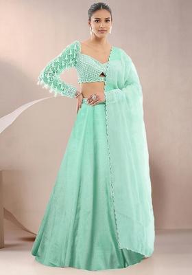 Light Green Lehenga Set With Hand Embroidered Blouse And Dupatta