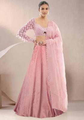 Peach Lehenga Set With Hand Embroidered Blouse And Dupatta