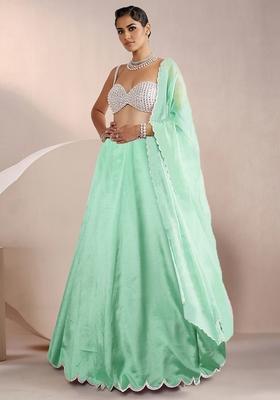 Light Green Lehenga Set With Hand Embroidered Blouse And Dupatta