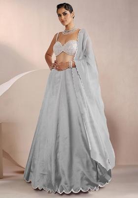 Grey Lehenga Set With Hand Embroidered Blouse And Dupatta