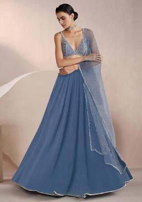 Blue Lehenga Set With Hand Embroidered Blouse And Dupatta