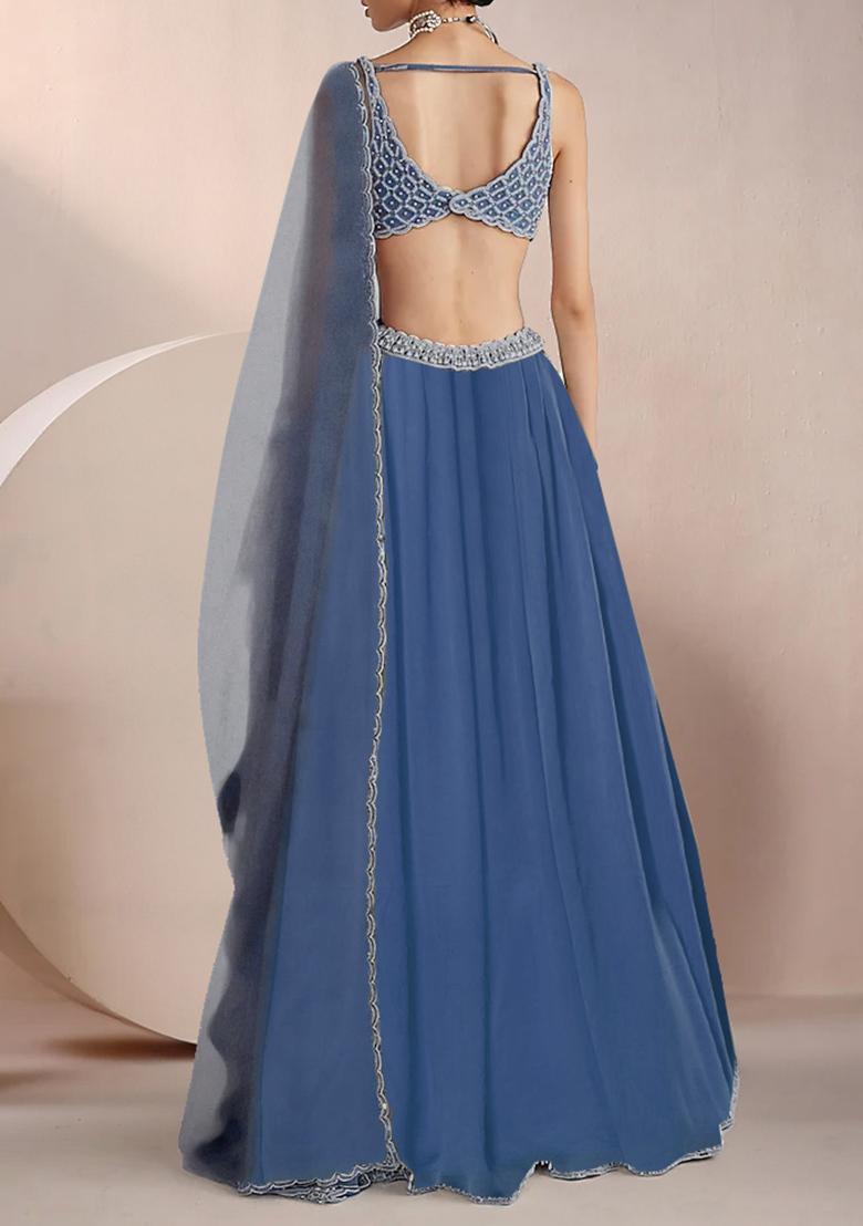 Blue Lehenga Set With Hand Embroidered Blouse And Dupatta
