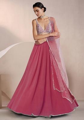 Coral Lehenga Set With Hand Embroidered Blouse And Dupatta