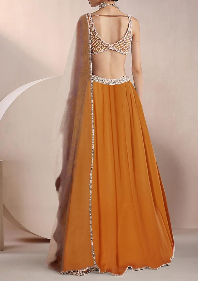Ochre Yellow Lehenga Set With Hand Embroidered Blouse And Dupatta