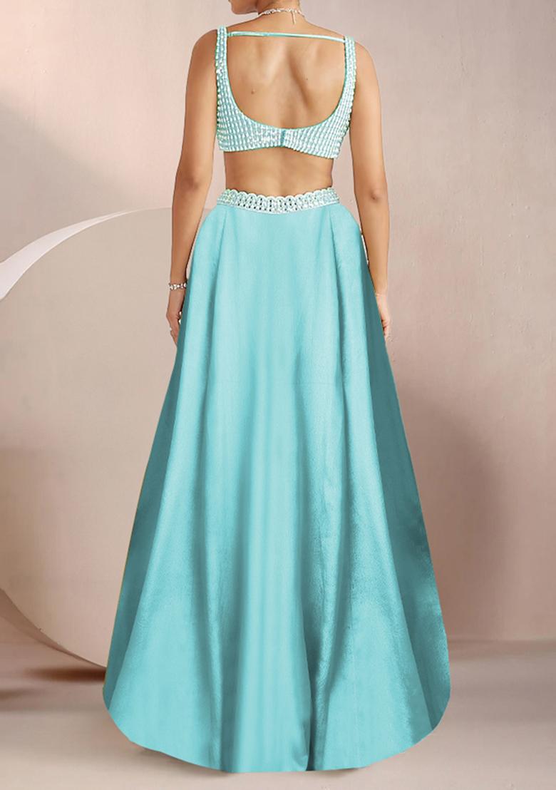 Turquoise Blue Lehenga Set With Hand Embroidered Blouse And Dupatta