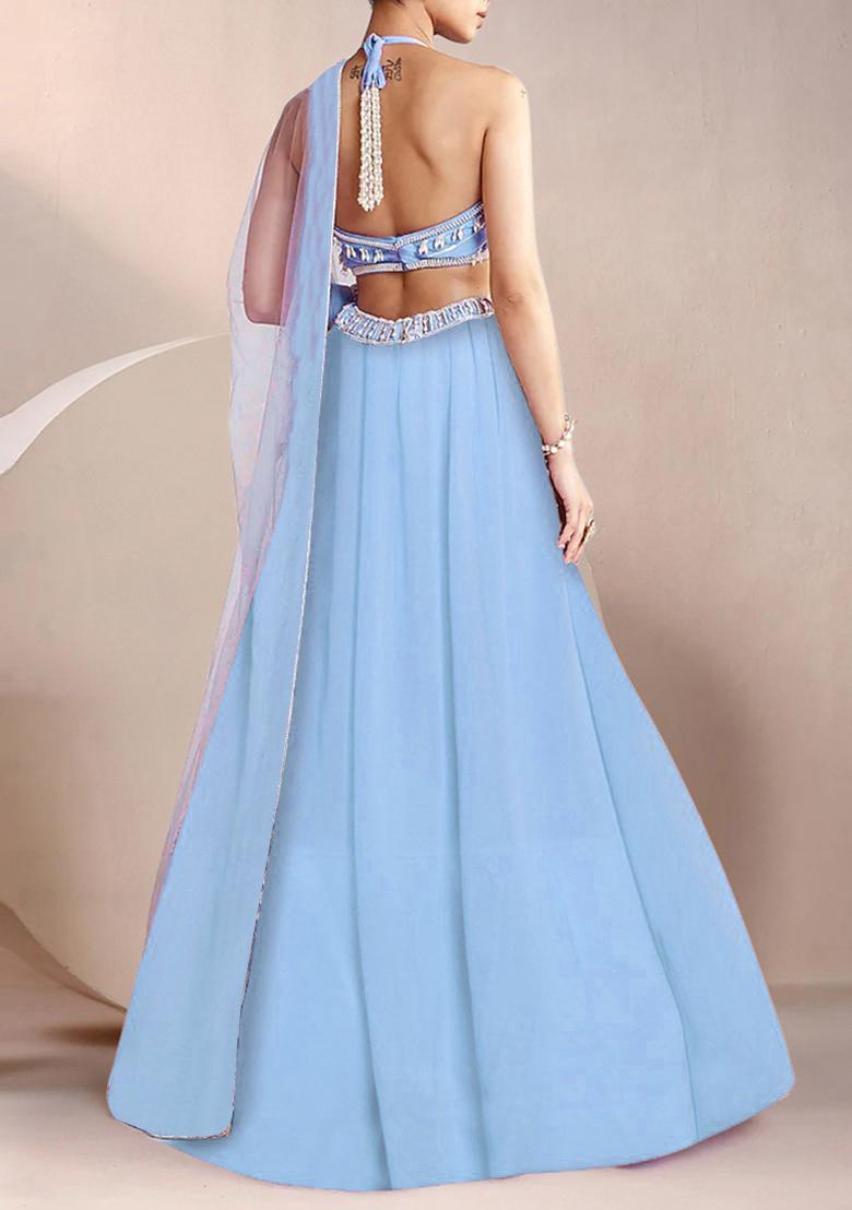 Powder Blue Lehenga Set With Hand Embroidered Blouse And Dupatta