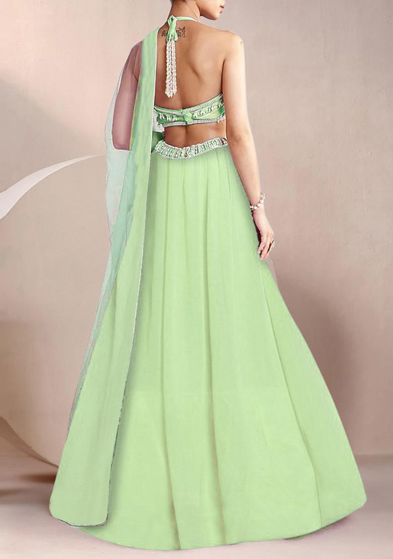 Lime Green Lehenga Set With Hand Embroidered Blouse And Dupatta
