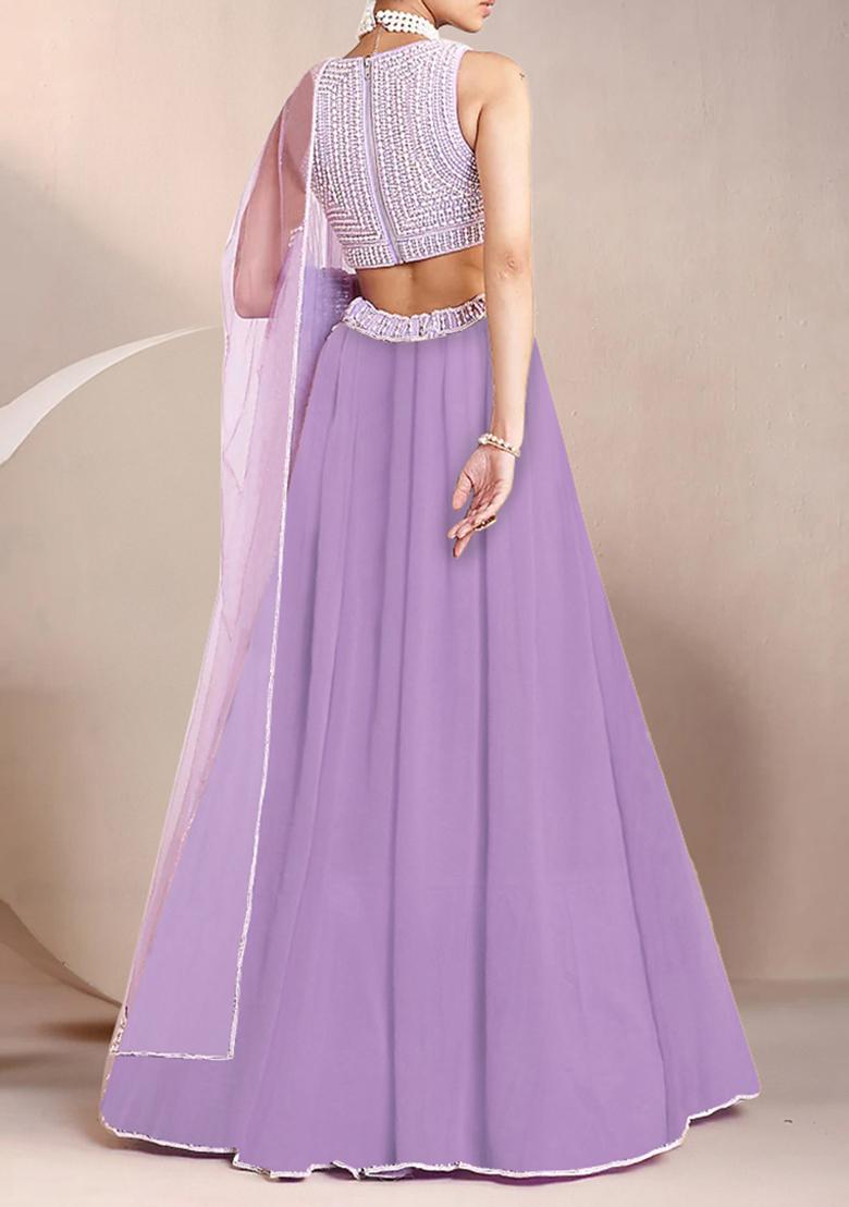 Lavender Lehenga And Hand Embroidered Blouse Set With Belt And Dupatta