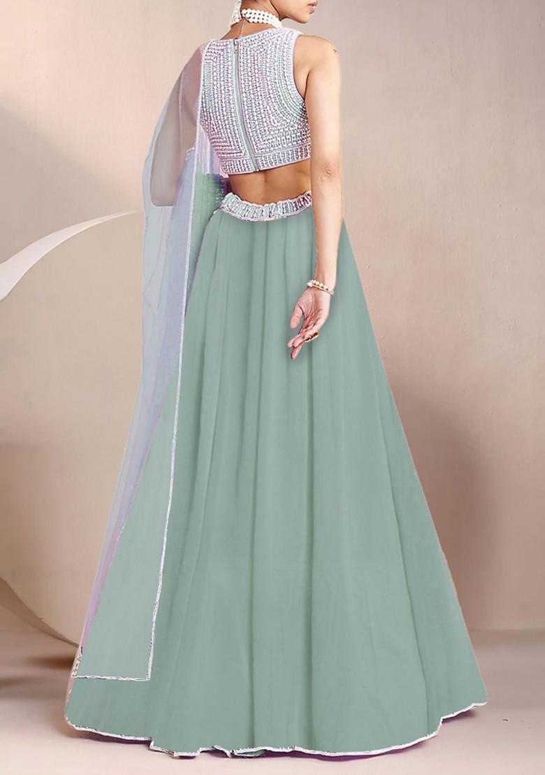 Sage Green Lehenga And Hand Embroidered Blouse Set With Belt And Dupatta