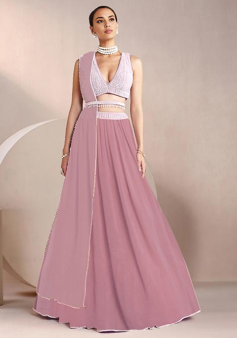 Dusty Pink Lehenga And Hand Embroidered Blouse Set With Belt And Dupatta