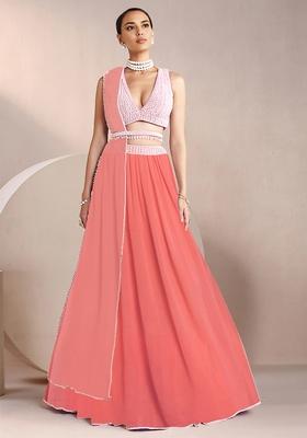 Coral Lehenga And Hand Embroidered Blouse Set With Belt And Dupatta