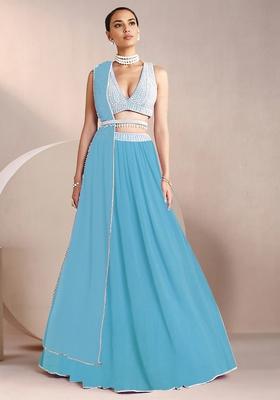 Sky Blue Lehenga And Hand Embroidered Blouse Set With Belt And Dupatta