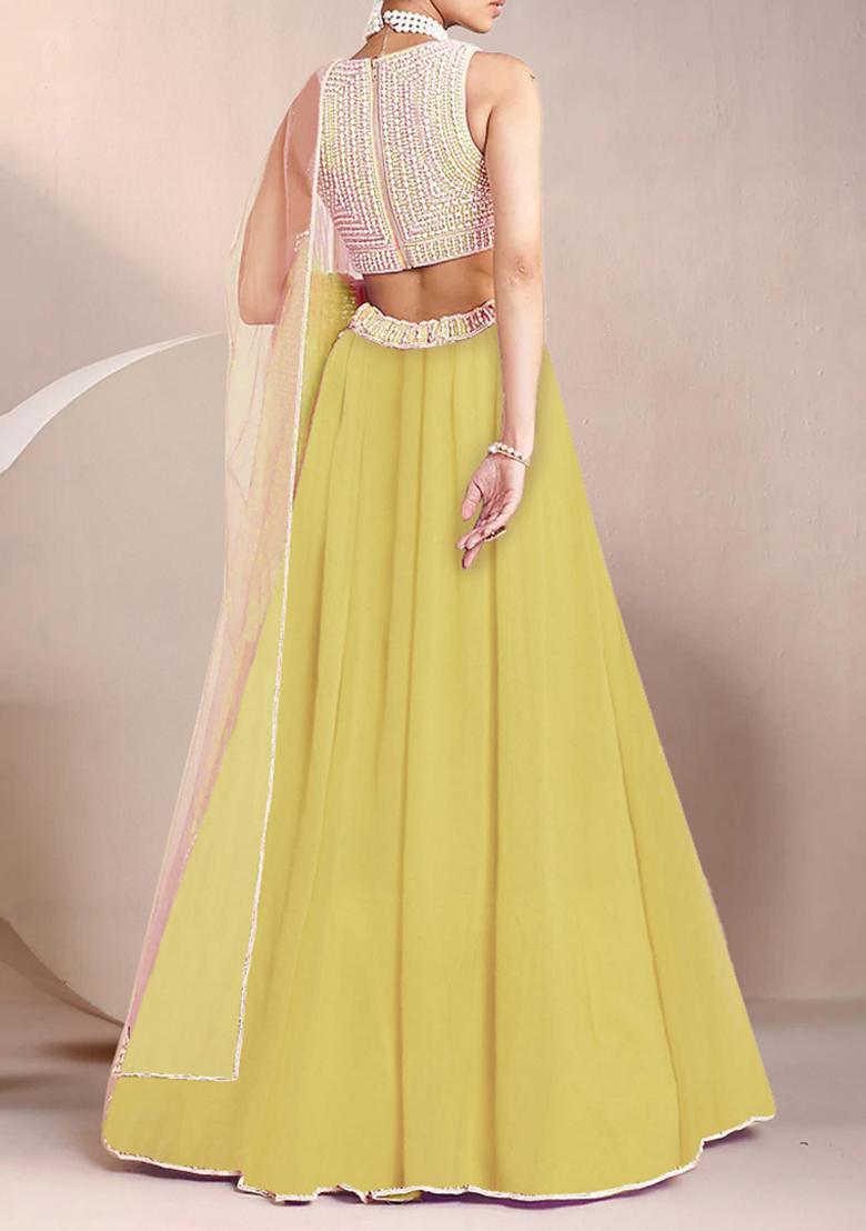 Butter Yellow Lehenga And Hand Embroidered Blouse Set With Belt And Dupatta